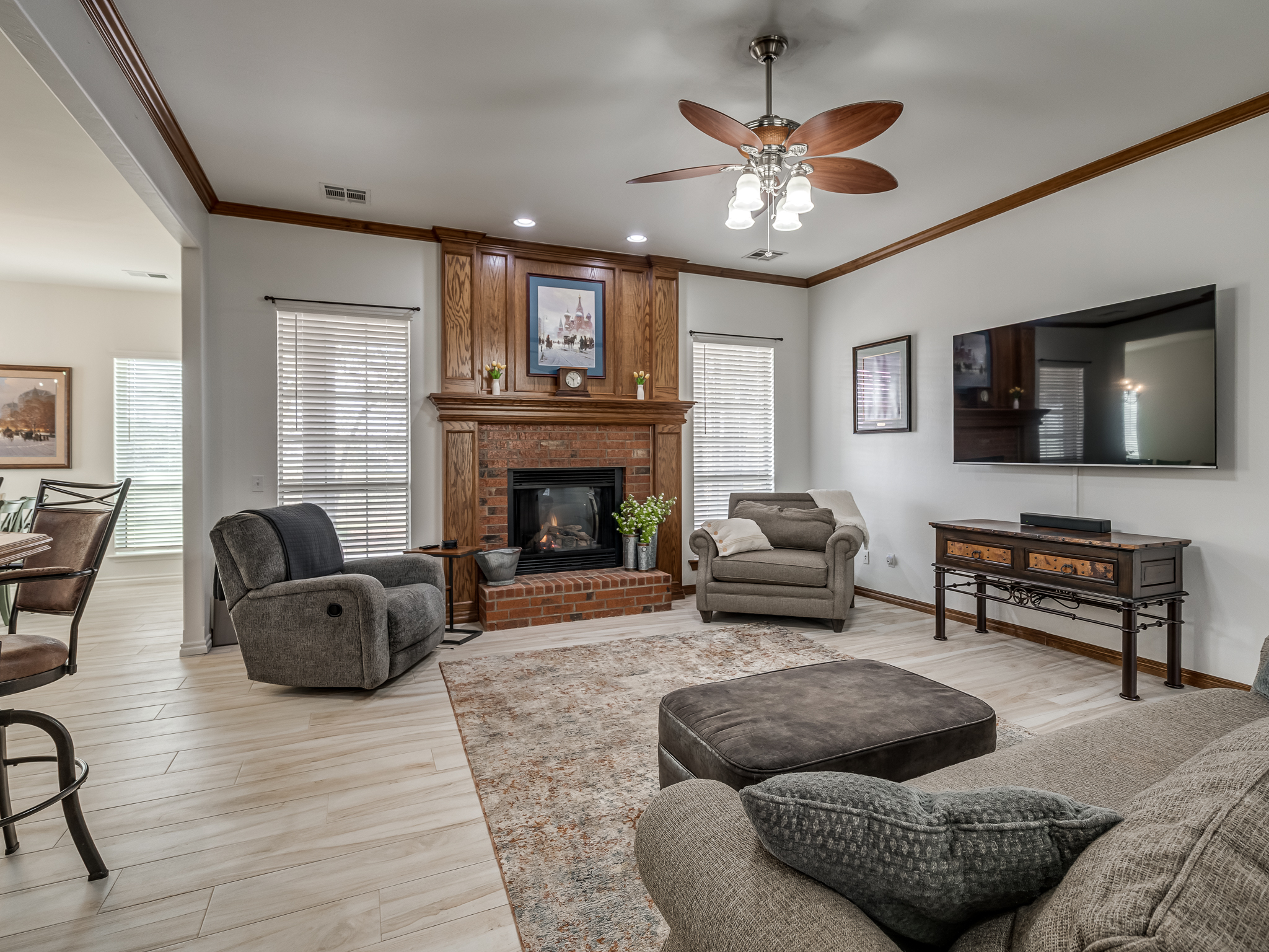 Open Concept Living area with Gas Log Fireplace 