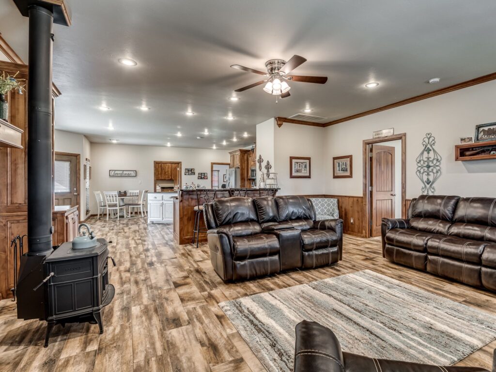 Lots of Can Lights, Ceiling Fan and Wood Burning Stove